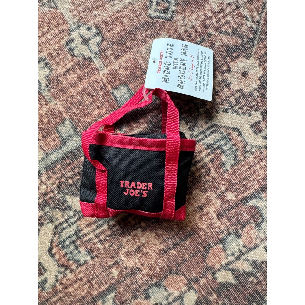 NWT Trader Joe's Micro Tote with Grocery Bag Black Red Reusable Shopping‎ Bag